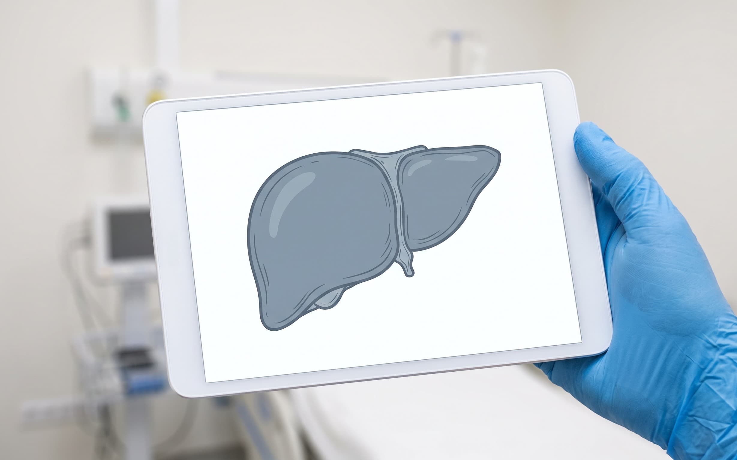 Gloved hand holding a tablet showing a liver illustration
