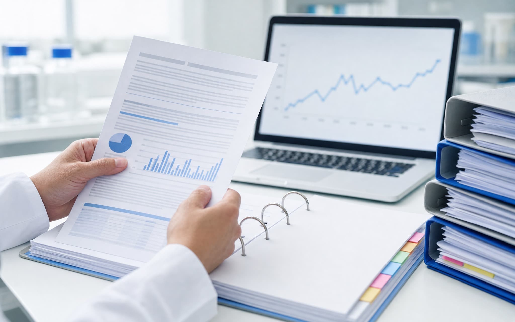 Hands comparing a study report against an open regulatory binder at a research site desk